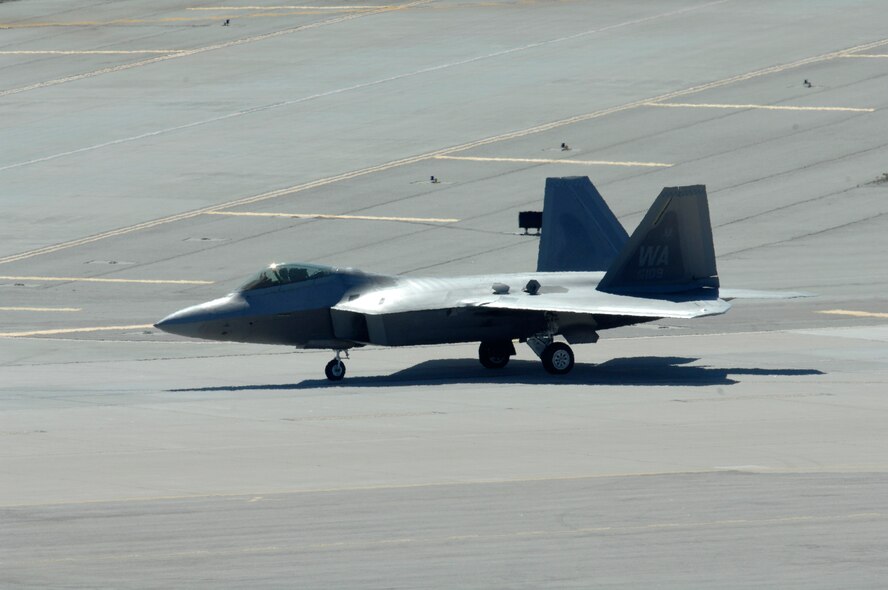 The F-22 Raptor prepares for its demonstration during March Field AirFest, March Air Reserve Base, Calif., May 1, 2010. March Field AirFest is a two-day event featuring performances and static displays of civilian and military aircraft. (U.S.  Air Force photo by Senior Airman Matthew Smith/Released)