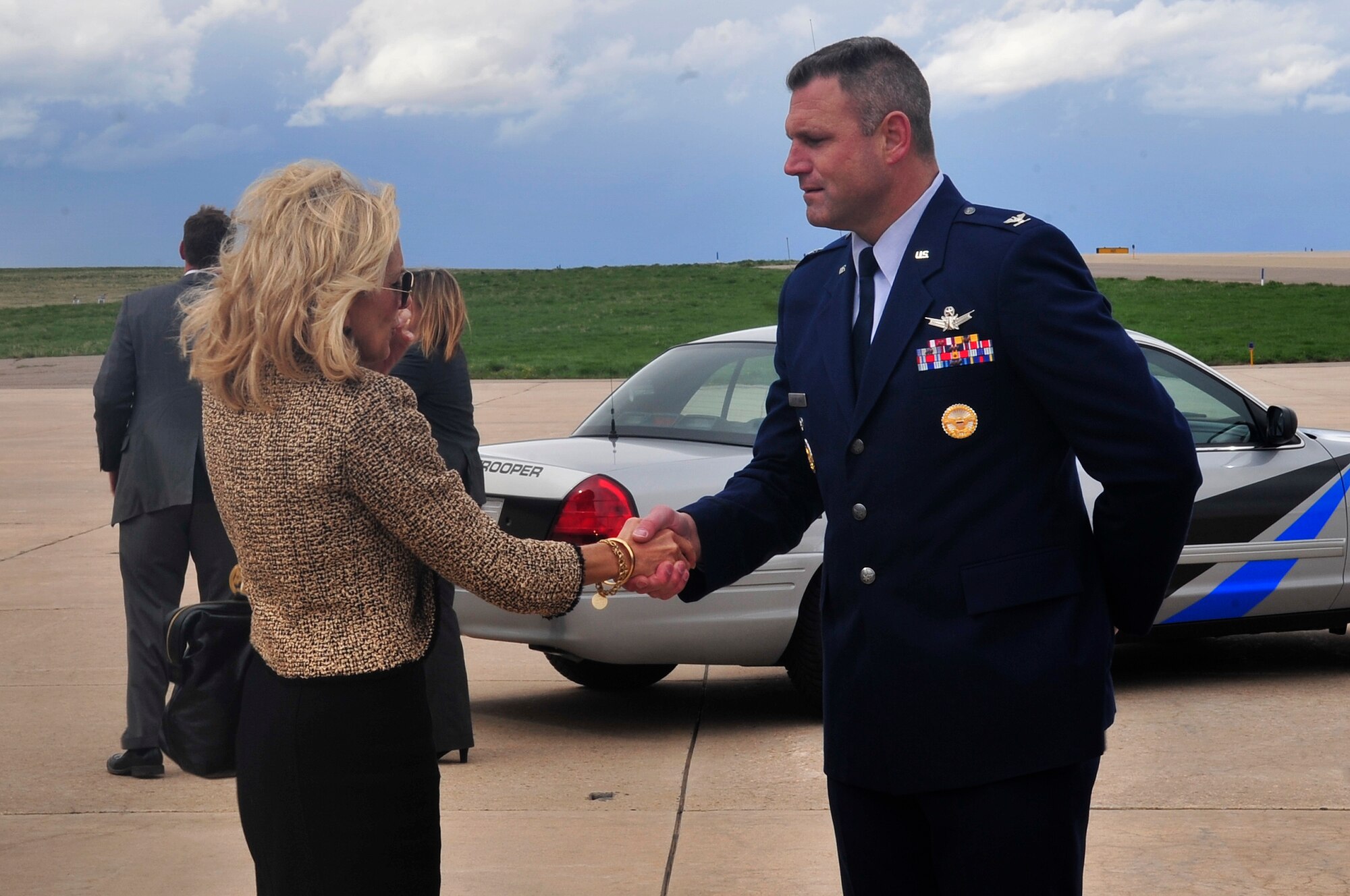 BUCKLEY AIR FORCE BASE, Colo. -- Dr. Jill Biden, the Second Lady, is greeted by Col. Trent Pickering, 460th Space Wing vice commander, before departing from Buckley Air Force Base April 30. Dr. Biden has been an educator for the past 29 years and continues teaching at a DC-area community college. (U.S. Air Force Photo by Airman 1st Class Manisha Vasquez)