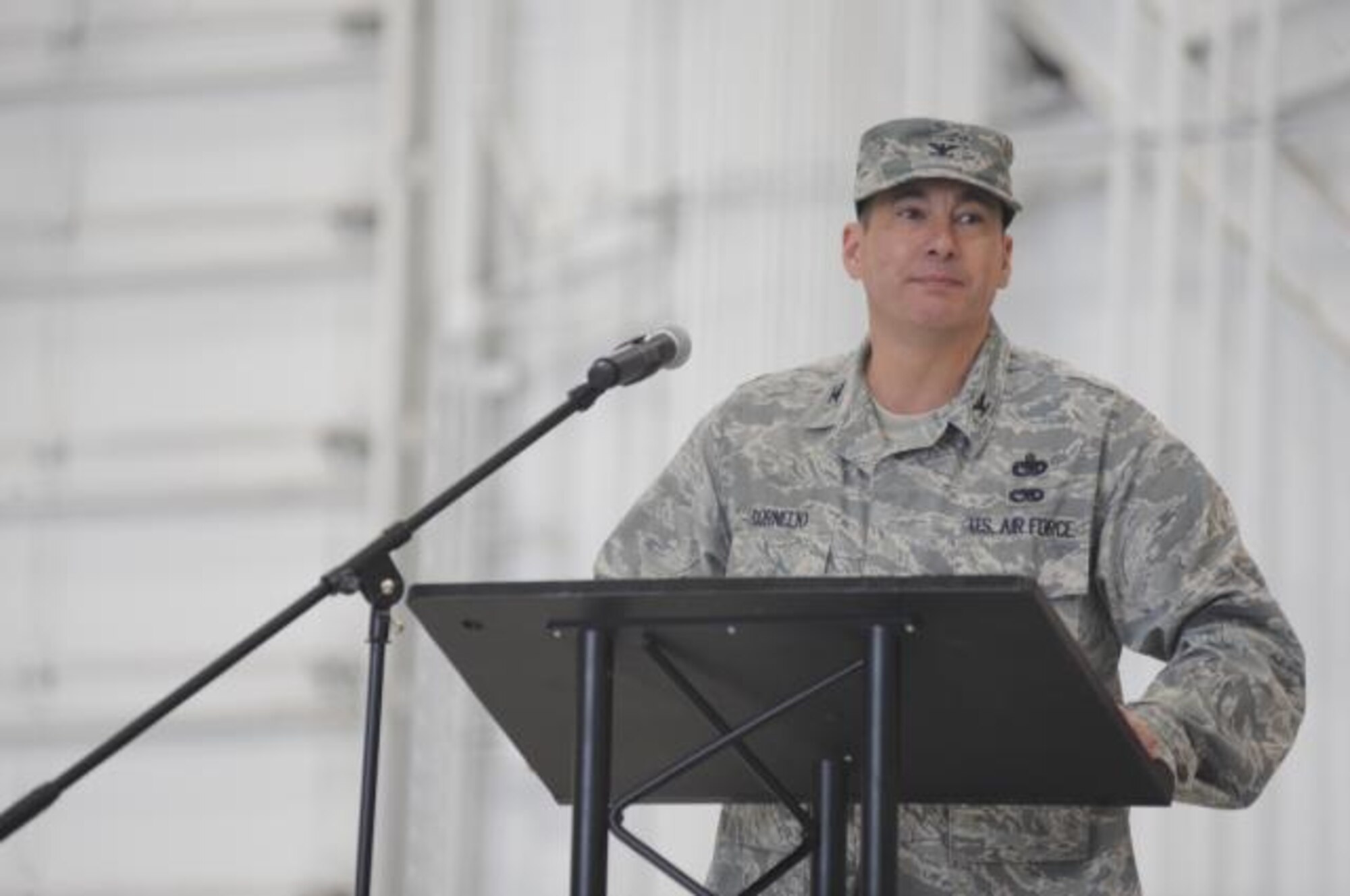 “This Airman is humbled and honored as I stand before you today,” said Col. Ricky J. Cornelio at his relinquishment ceremony of the 319th Maintenance Group April 30. As the Group Commander he was responsible for organizing, equipping and training the group’s more than 300 person workforce across two squadrons to support and maintain the wing’s 12 KC-135 aircraft. (U.S. Air Force photo by Staff Sgt. Suellyn Nuckolls)