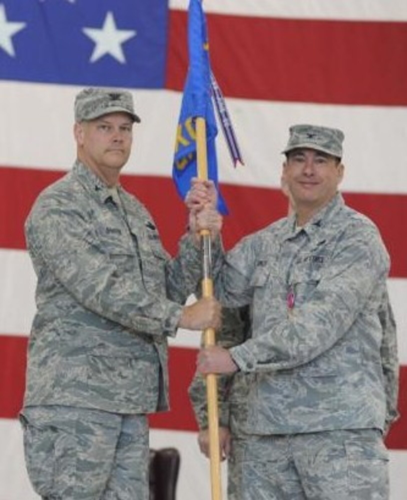 Col. Ricky J. Cornelio relinquished command of the 319th Maintenance Group to Col. Don Shaffer, 319th Air Refueling Wing commander, in a ceremony April 30. As the Group Commander he was responsible for organizing, equipping and training the group’s more than 300 person workforce across two squadrons to support and maintain the wing’s 12 KC-135 aircraft. (U.S. Air Force photo by Staff Sgt. Suellyn Nuckolls)