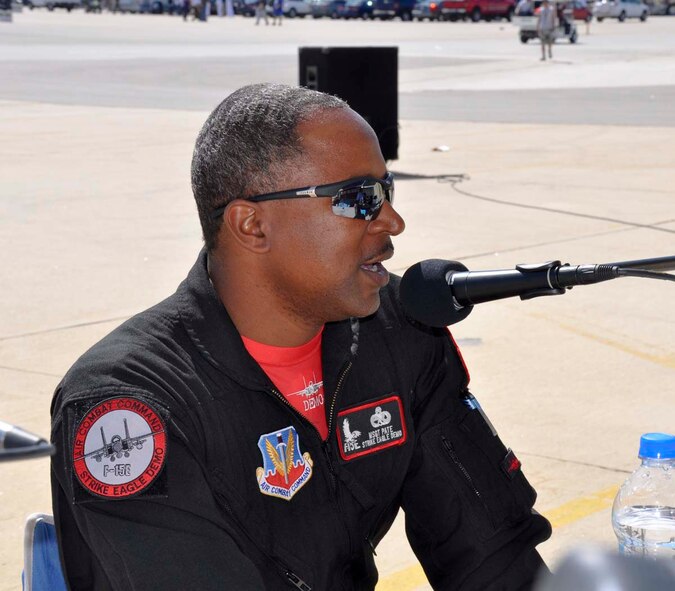 Master Sgt. Michael Pate, F-15E Strike Eagle Demonstration Team, responds to questions during a radio interview at the March Field AirFest at March Air Reserve Base, May 1, 2010.  Two local radio stations present at the two-day, bi-annual event interviewed 14 AirFest performers.  (U.S. Air Force photo/1st Lt. Zach Anderson)
