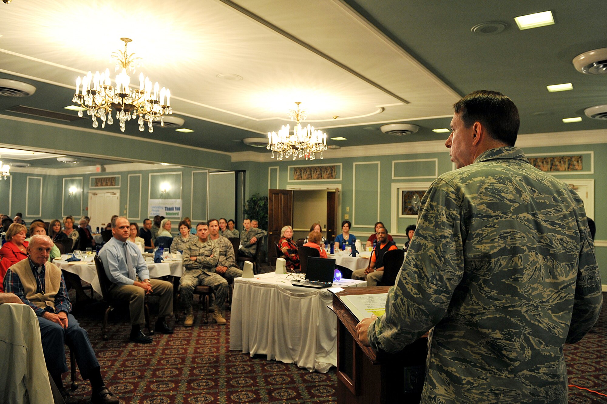 OFFUTT AIR FORCE BASE, Neb. -- Brig. Gen. John N.T. Shanahan, 55th Wing commander, shares what volunteers mean to Offutt and the local community during a speech at the Volunteer Appreciation Reception at the Patriot Club here April 28. More than 80 people from various organizations on and off-base attended the event to honor the contributions of Offutt's many volunteers. U.S. Air Force photo by Charles Haymond