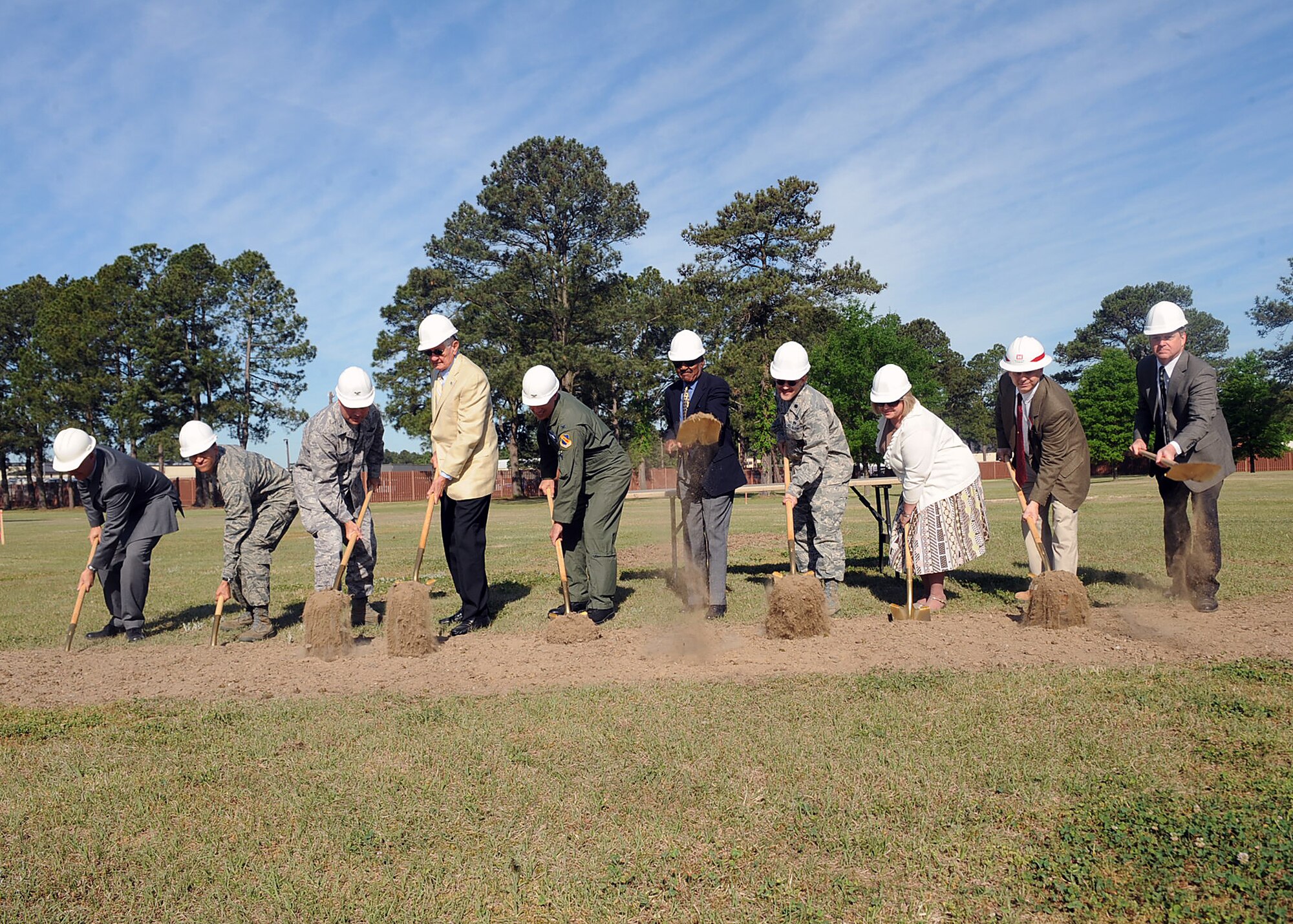 SEYMOUR JOHNSON AIR FORCE BASE, N.C.-- Base officials are joined by Goldsboro community leaders at the 4th Mission Support Group consolidated support center groundbreaking ceremony April 28, 2010. Construction will begin next month, with a completion date set for the summer of 2011. (U.S. Air Force photo/Senior Airman Ciara Wymbs) 
