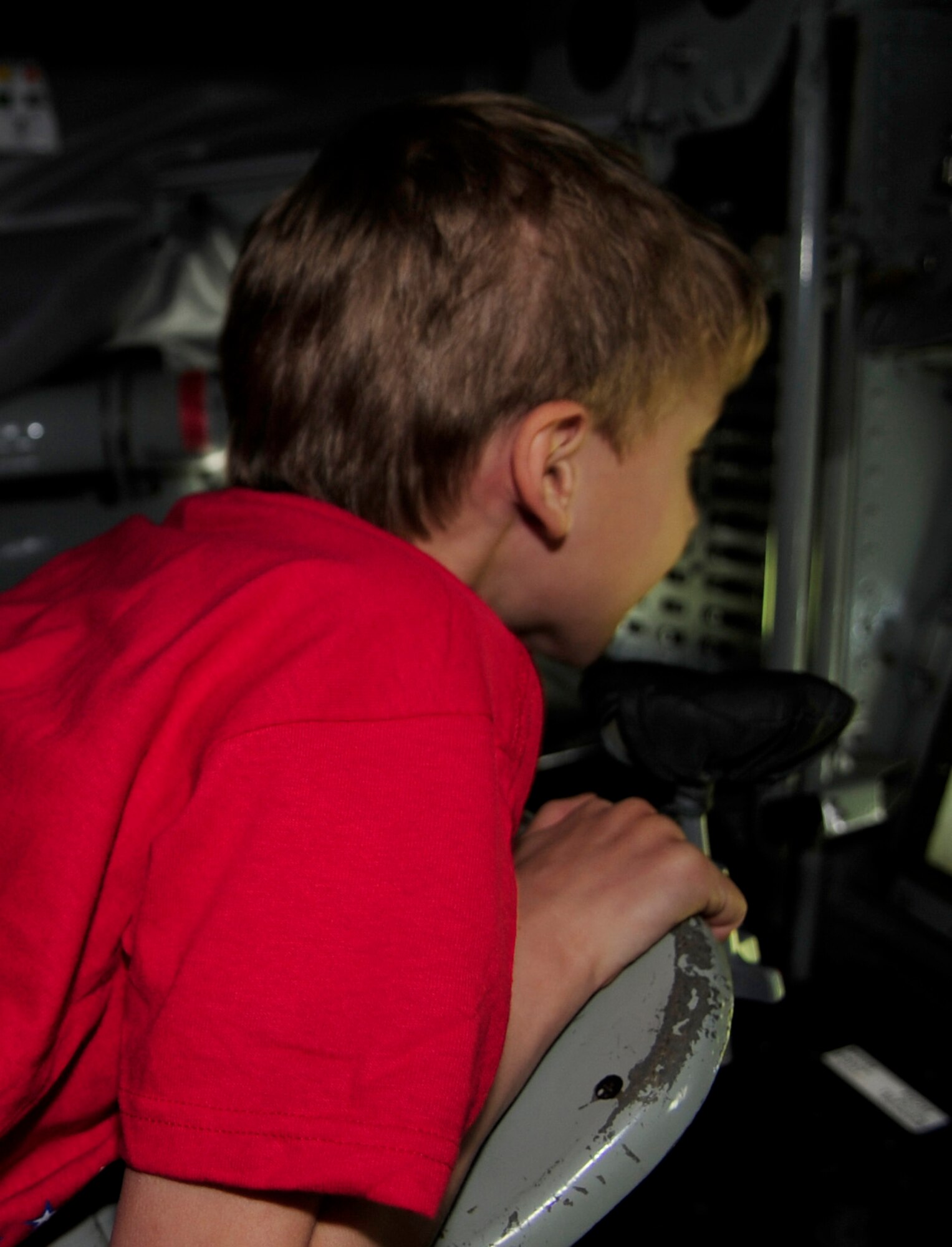 RAF MILDENHALL, England – Wyatt Gardner gets an up-close look at the boom controls for a KC-135 Stratotanker during Operation Together and Ready May 1.  The event gave children a first-hand look at deployment and military life.  (U.S. Air Force photo/Staff Sgt. Christopher L. Ingersoll)