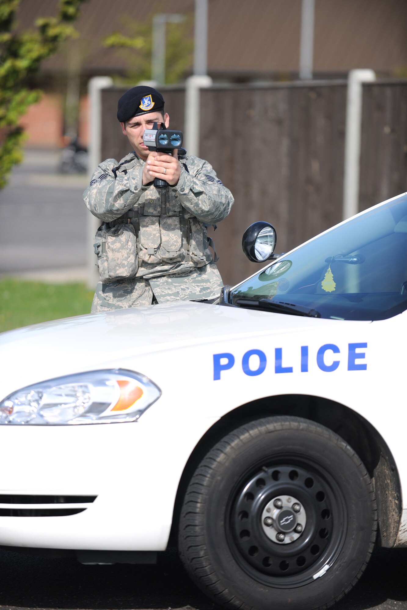 RAF MILDENHALL, England – Staff Sgt. James Stone, 100th Security Forces Squadron, monitors driving speed at RAF Mildenhall April 28. Roadways here can be crowded, and more pedestrians are walking, so security forces reminds Team Mildenhall drivers to be extra cognizant of their speed.  (U.S. Air Force photo/ Staff Sgt. Jerry Fleshman)