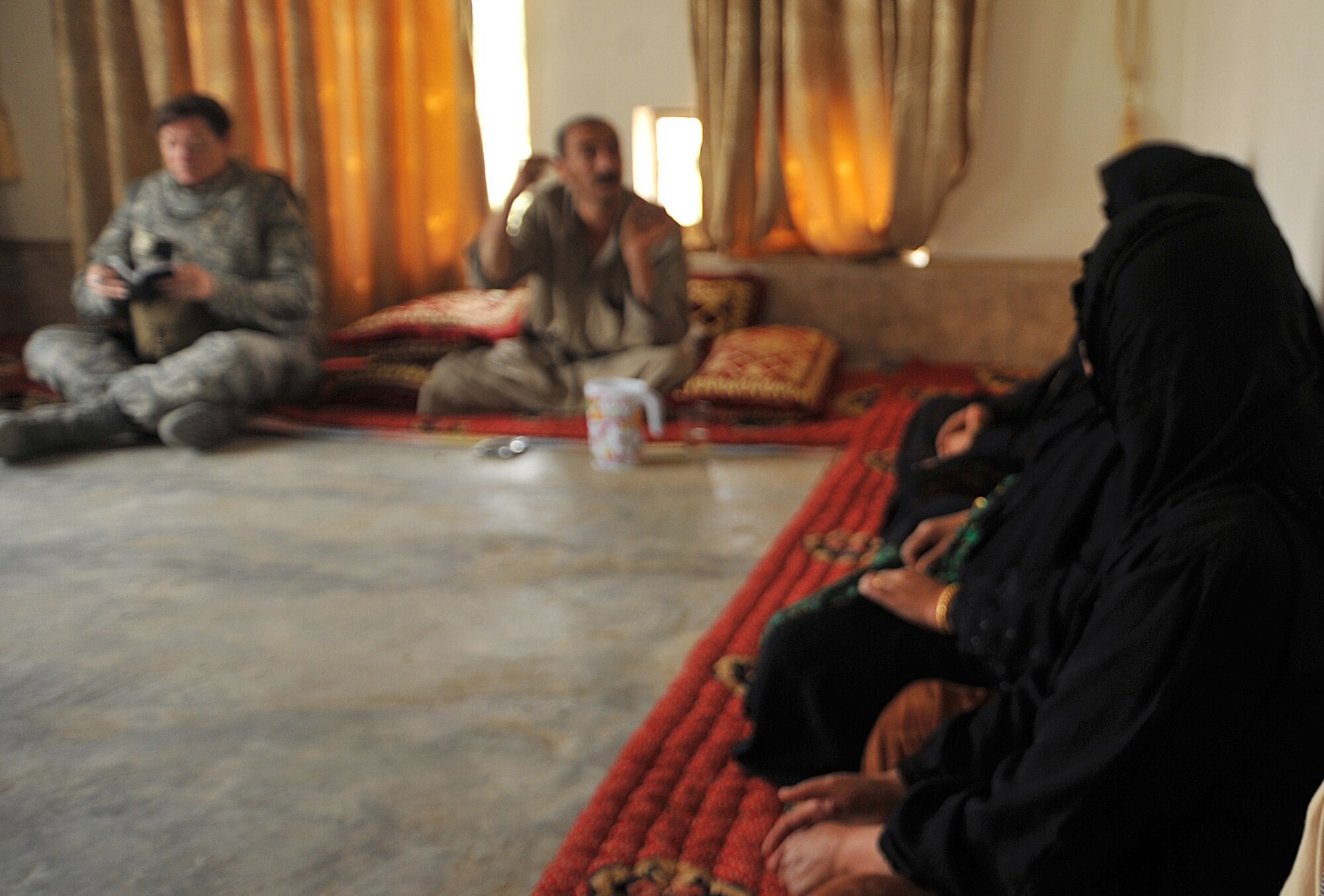 Hummed Malek (foreground) listens to Alahin Aziz Salehan, an Iraqi beekeeper, as he teaches localshow to care for bees in Marzarie South, Iraq April 12, 2010. (U.S. Air Force photo/Staff Sgt Quinton Russ/)