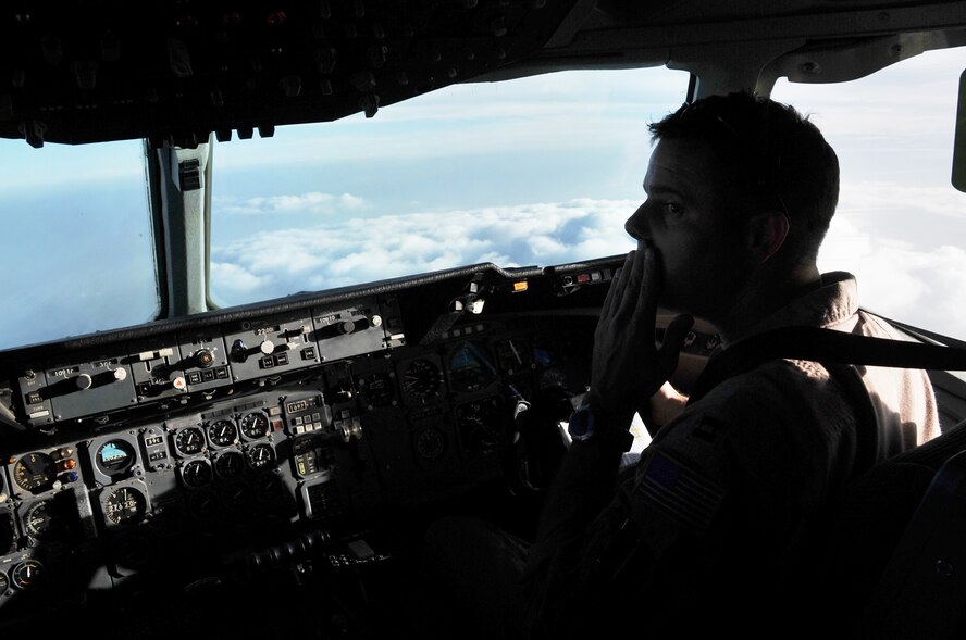 Capt. Jeremy Leach, a KC-10 Extender pilot with the 908th Expeditionary Air Refueling Squadron, flies a KC-10 during an air refueling mission for the 380th Air Expeditionary Wing from a non-disclosed base in Southwest Asia on April 24, 2010. Captain Leach is deployed from the 2nd Air Refueling Squadron, 305th Air Mobility Wing, Joint Base McGuire-Dix-Lakehurst, N.J., and his hometown is Annapolis, Md. (U.S. Air Force Photo/Master Sgt. Scott T. Sturkol/Released) 