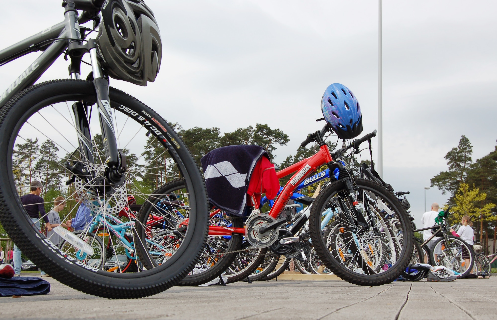 Bikes line the Aquatic Center parking lot during the second annual FitFactor Triathlon, Ramstein Air Base, Germany, May 2, 2010. Depending on age category, triathlon participants either competed in a three-mile or 11-mile bike ride. (U.S. Air Force photo by Senior Airman Amanda Dick)