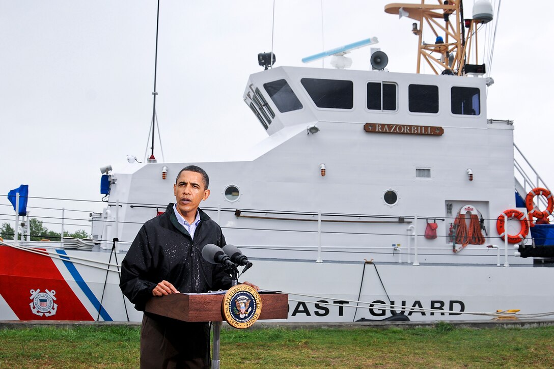 President Barack Obama addresses the media at Coast Guard Station Venice, La., May 2, 2010, after touring the Louisiana coastline between Venice and New Orleans to view recovery efforts following the sinking of an oil rig in the Gulf of Mexico.