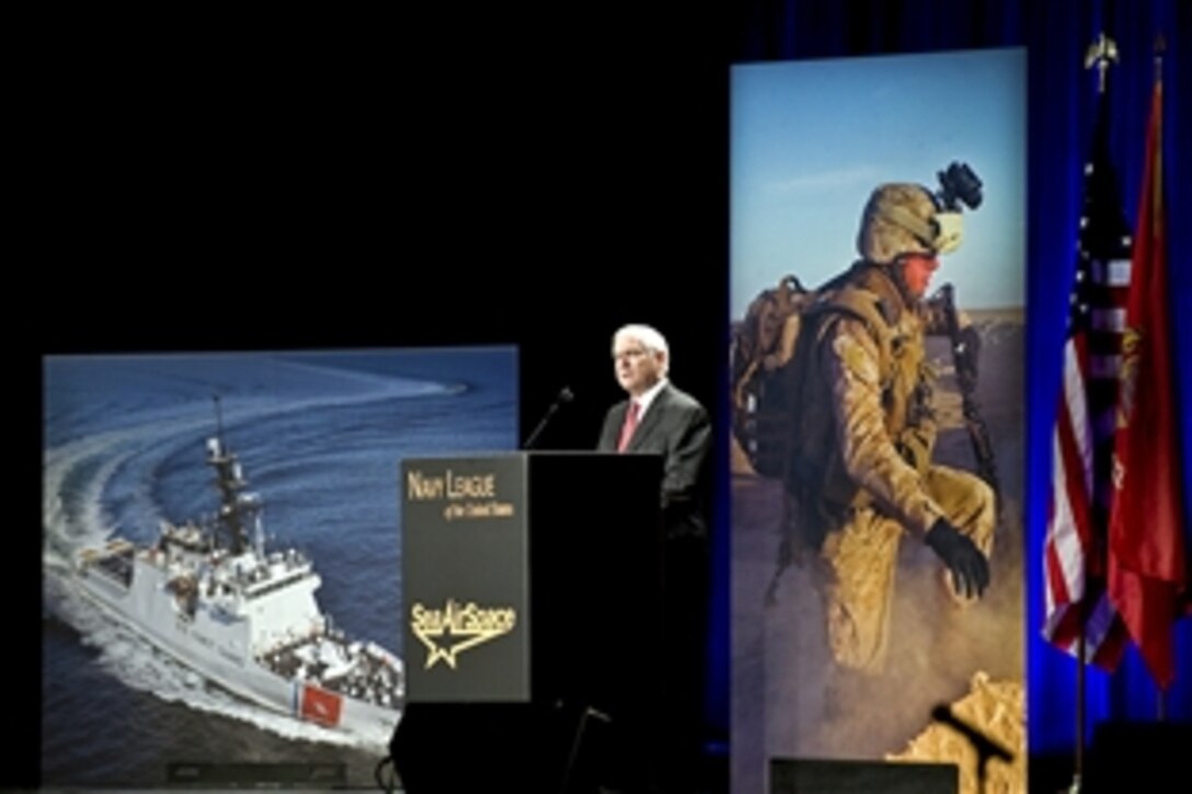 Defense Secretary Robert M. Gates addresses the audience at the annual Navy League of the United States conference in National Harbor, Md., May 3, 2010. 