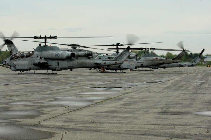 U. S. Marines of 2nd Marine Air Wing, Cherry Point, N.C., prepare AH-1 HueyCobras for a flight to Boston, Mass., in support of Marine Week Boston on May 3, 2010. Marine Week Boston provides an opportunity to increase public awareness of the Marine Corps' value to our nation's defense and to preserve and mature the Corps' relationship with the American people.