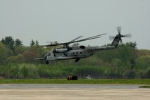 A CH-53 E Sea Stallion carries U. S. Marines of 2nd Marine Air Wing, Cherry Point, N.C., to Boston, Mass., in support of Marine Week Boston on May 3, 2010. Marine Week Boston provides an opportunity to increase public awareness of the Marine Corps' value to our nation's defense and to preserve and mature the Corps' relationship with the American people.