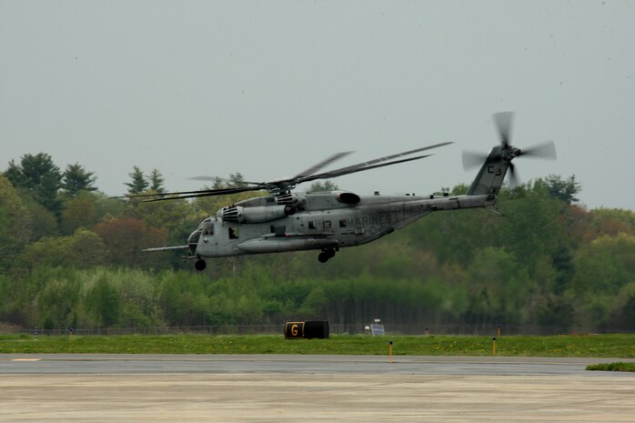 A CH-53 E Sea Stallion carries U. S. Marines of 2nd Marine Air Wing, Cherry Point, N.C., to Boston, Mass., in support of Marine Week Boston on May 3, 2010. Marine Week Boston provides an opportunity to increase public awareness of the Marine Corps' value to our nation's defense and to preserve and mature the Corps' relationship with the American people.