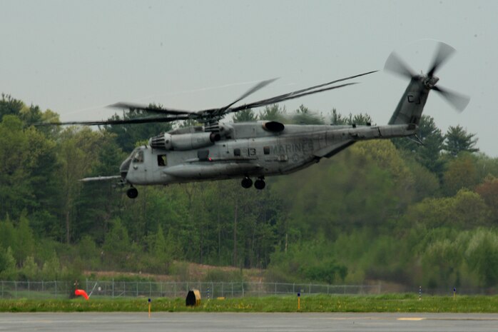 A CH-53 E Sea Stallion carries U. S. Marines of 2nd Marine Air Wing, Cherry Point, N.C., to Boston, Mass., in support of Marine Week Boston on May 3, 2010. Marine Week Boston provides an opportunity to increase public awareness of the Marine Corps' value to our nation's defense and to preserve and mature the Corps' relationship with the American people.