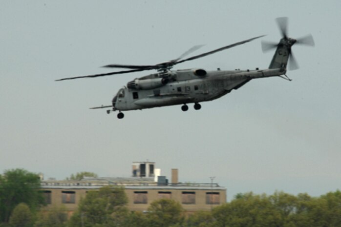 A CH-53 E Sea Stallion carries U. S. Marines of 2nd Marine Air Wing, Cherry Point, N.C., to Boston, Mass., in support of Marine Week Boston on May 3, 2010. Marine Week Boston provides an opportunity to increase public awareness of the Marine Corps' value to our nation's defense and to preserve and mature the Corps' relationship with the American people.