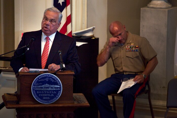The mayor of Boston, Thomas M. Menino, proclaims May 3-9 Marine Week Boston during a ceremony at Faneuil Hall May 3, 2010. Marine Week is an opportunity to share the Corps' culture, history and tradition with Bostonians and for them to learn about the Corps' value to the nation.