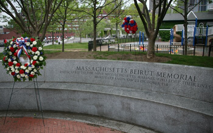 Wreaths were put in the Beirut Memorial during a wreath-laying ceremony in Boston, Mass., as part of Marine Week Boston, May 3-9, 2010.