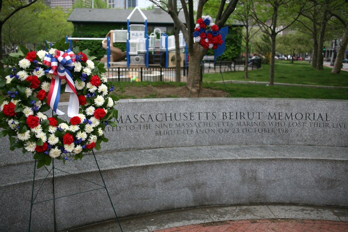 Wreaths were put in the Beirut Memorial during a wreath-laying ceremony in Boston, Mass., as part of Marine Week Boston, May 3-9, 2010.