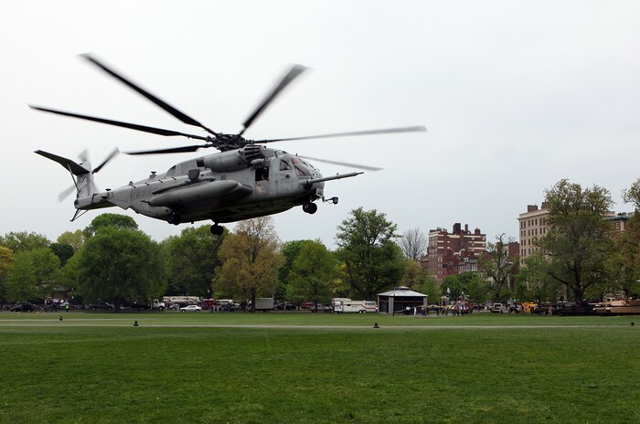 A CH-53E Super Stallion Helicopter piloted and crewed by Marines with Marine Heavy Helicopter Squadron 461 lands on Boston Common May 3, 2010, the first day of Marine Week Boston. The squadron is based out of Marine Corps Air Station New River, N.C., and have recently returned from a deployment with the 22nd Marine Expeditionary Unit in support of the Haiti relief efforts in February. The helicopter, along with sister rotor aircraft from other Marine Corps air stations in the Jacksonville, N.C., area, will be on display at Boston Common during Marine Week.