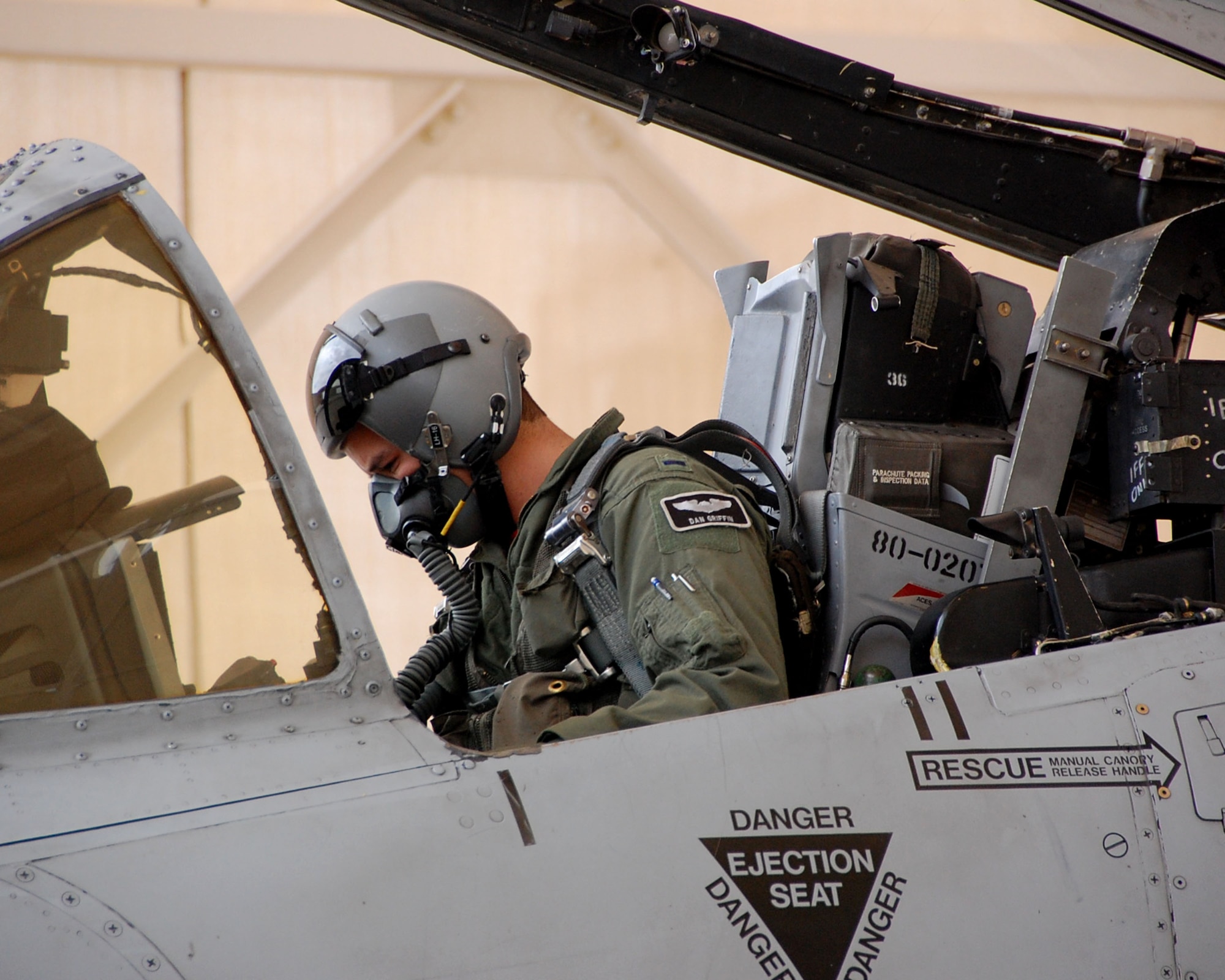 1st Lt. Dan Griffin, a pilot from the 358th Fighter Squadron, performs his first check ride in an A-10C Thunderbolt II here April 16. Lieutenant Griffin is a student in the A-10C Pilot Initial Qualification course, upon completion of this course he will be a fully qualified A-10C pilot. (U.S. Air Force photo/Capt. Stacie N. Shafran)