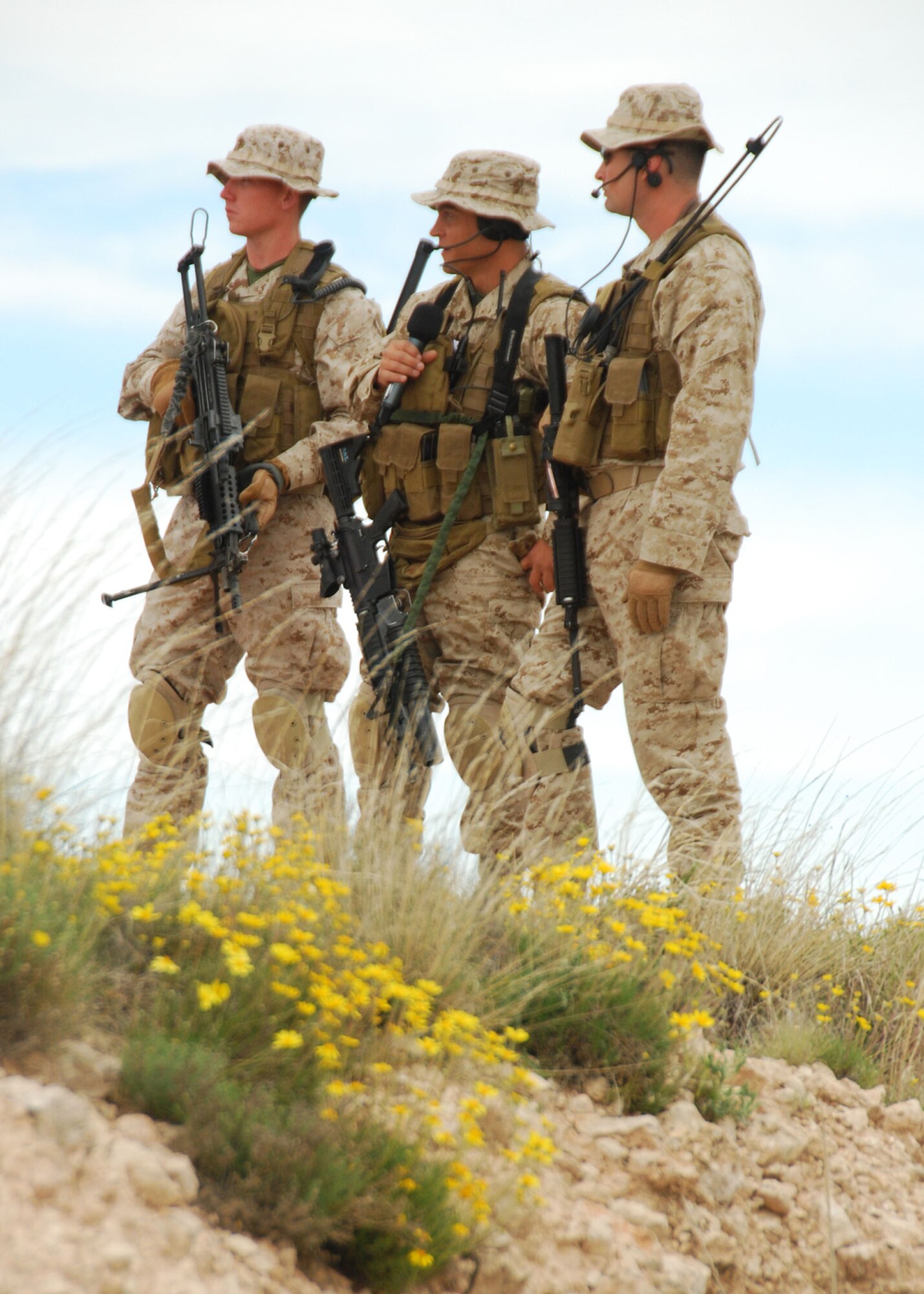 Marine Reservists Joint Terminal Attack Controllers Sgt. Chris Capptta, Sgt. Paul Ramos and Lance Cpl. Justin Owen of Delta Company, 4th Marine Reconnaissance Battalion, show themselves to a surprised crowd after remaining unseen nearby while calling in targets to F-16 Fighting Falcon pilots during the "Boss Lift" demonstration at Melrose Range May1. JTACs direct combat aircraft engaged in close air support and other offensive air operations. (U.S. Air Force photo by 2nd Lt. Stephanie Strine)