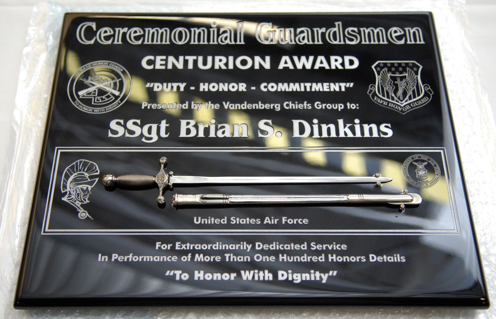 VANDENBERG AIR FORCE BASE, Calif. – The Vandenberg Honor Guard held its unique Centurion Award ceremony at the Vandenberg Honor Guard Training Facility (Building 7420) here May 4. The Vandenberg Honor Guard honors its ceremonial guardsmen with the Centurion Award for having completed 100 honor guard details. (U.S. Air Force photo/Airman 1st Class Lael Huss)