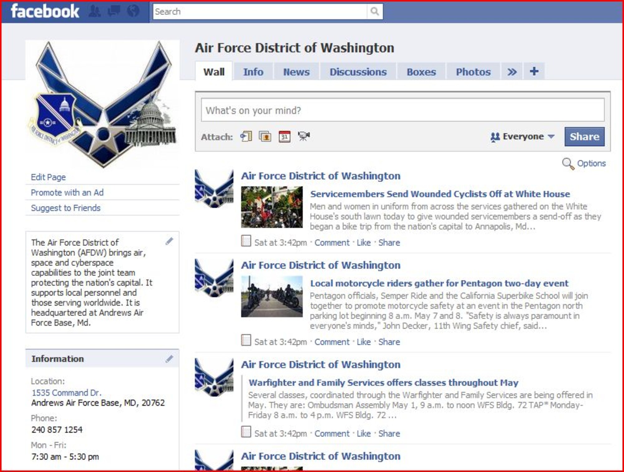 Air Force District of Washington's Facebook page is now accessible on base. Communicate with fellow Airmen and read up on the latest social networking safety precautions. All Airmen should treat information they put on social networks as public information, and take appropriate steps to safeguard themselves and the network. 