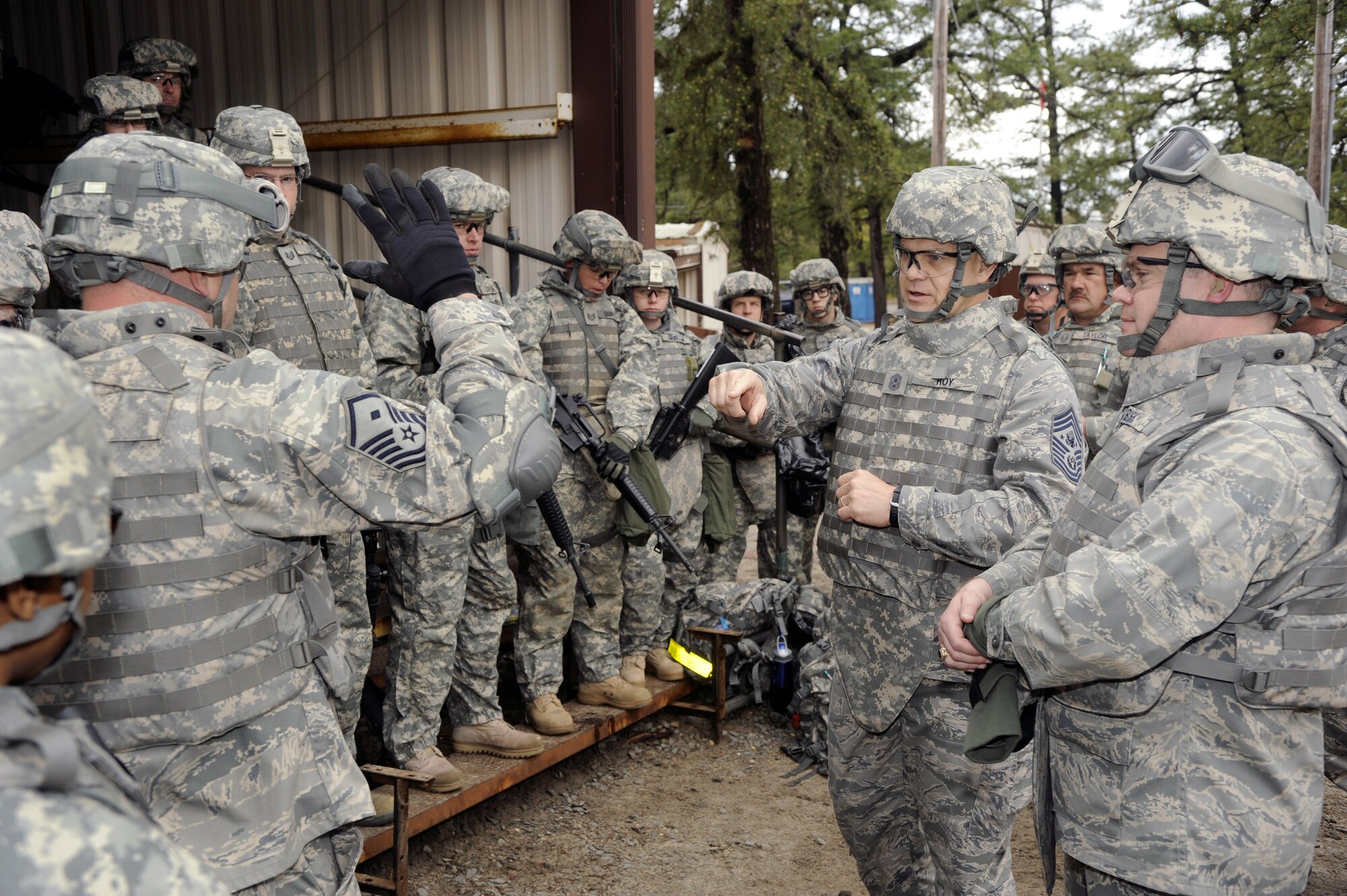Chief Master Sgt. of the Air Force James Roy holds a question and answer session while visiting Airmen during Combat Skills Training on the Dix firing ranges April 27 here. He also visited the U.S. Air Force Expeditionary Air Advisory Course. “These training courses, along with others, have been pivotal in the outstanding performance of our Airmen downrange,” said Roy. “(U.S. Air Force photo/Carlos Cintron)