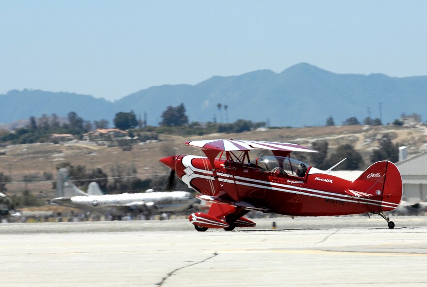 Demonstration pilot Tim Decker coasts down the flightline at the March Field AirFest, March Air Reserve Base, Calif., May 2, 2010. The AirFest is a bi-annual, two-day event featuring military and civilian aerial performances and static displays of modern and historic aircraft. (U.S. Air Force photo by Tech. Sgt. Carolyn Erfe/released)