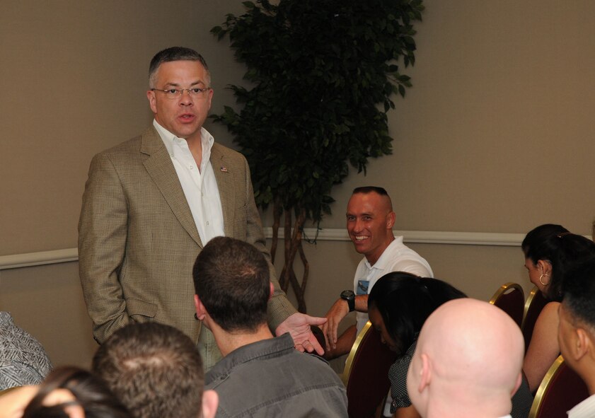Col. Randal L. Bright, 512th Airlift Wing commander, welcomes the more than 60 Air Force Reserve officers from throughout the nation who came to the First State to hone their leadership skills as part of the Junior Officer Leadership Development course hosted by the 512th Airlift Wing April 29-May 2. (U.S. Air Force photo/Capt. Marnee A.C. Losurdo)