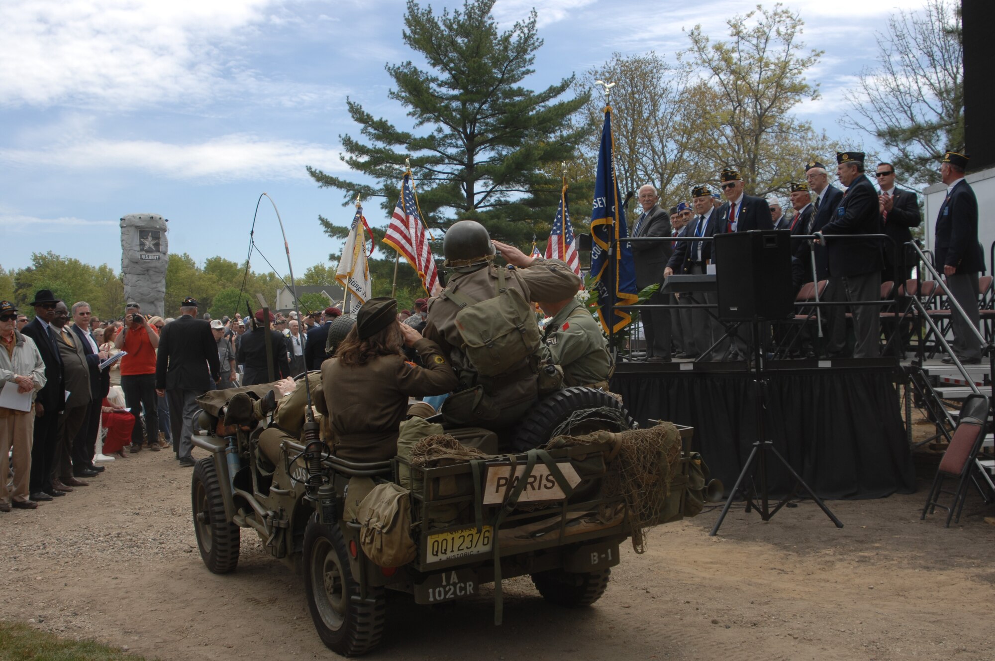 World War II re-enactors drive a World War II transport vehicle to the reception area at the recently-named World War II Veterans Memorial Park in Manchester Township April 24. More than 4,000 people attended the inaugural ceremony. (U.S. Army/ 1st. Sgt. David Moore) 