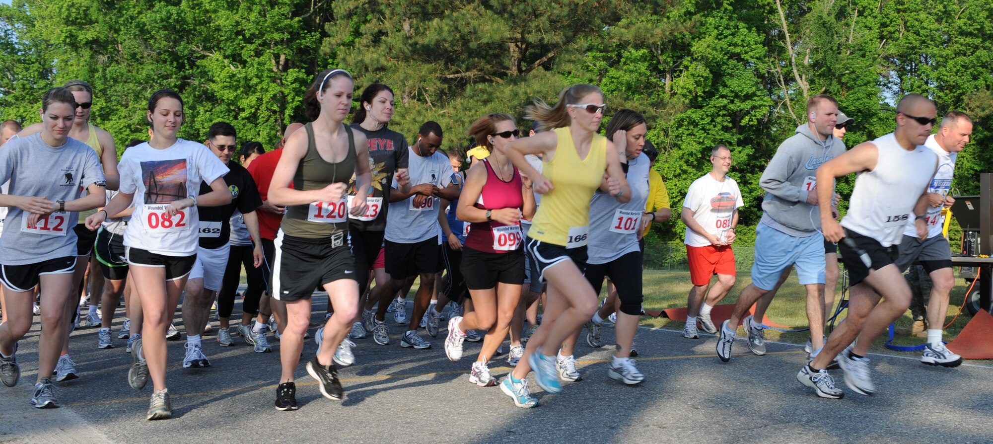 SEYMOUR JOHNSON AIR FORCE BASE, N.C. -- Members of the Goldsboro community and 4th Fighter Wing kick off the Wounded Warrior half marathon and 10-kilometer race here May 1, 2010. The raised money for the Wounded Warrior Project which strives to show respect for all servicemembers injured in combat operations. Capt. Elissa Ballas was the first female to finish the half marathon race. Captain Ballas, 4th Medical Operations Squadron physical therapist, hails from Bay Village, Ohio. (U.S. Air Force photo/Airman 1st Class Gino Reyes)