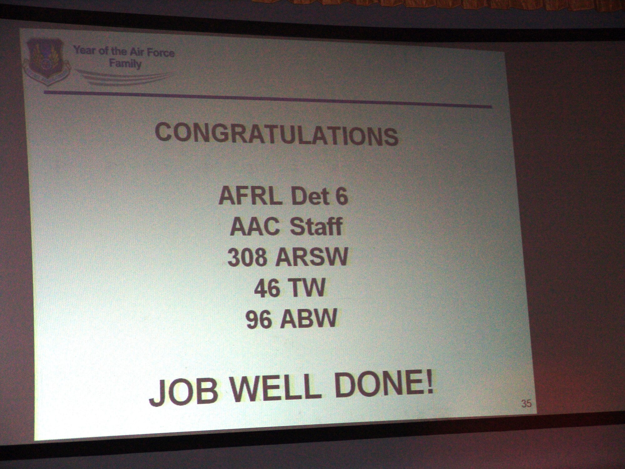The slide reveals the results of the Air Armament Center and Air Force Research Laboratory's Unit Compliance Inspection.  The inspection ran the week of April 26. (USAF photo)