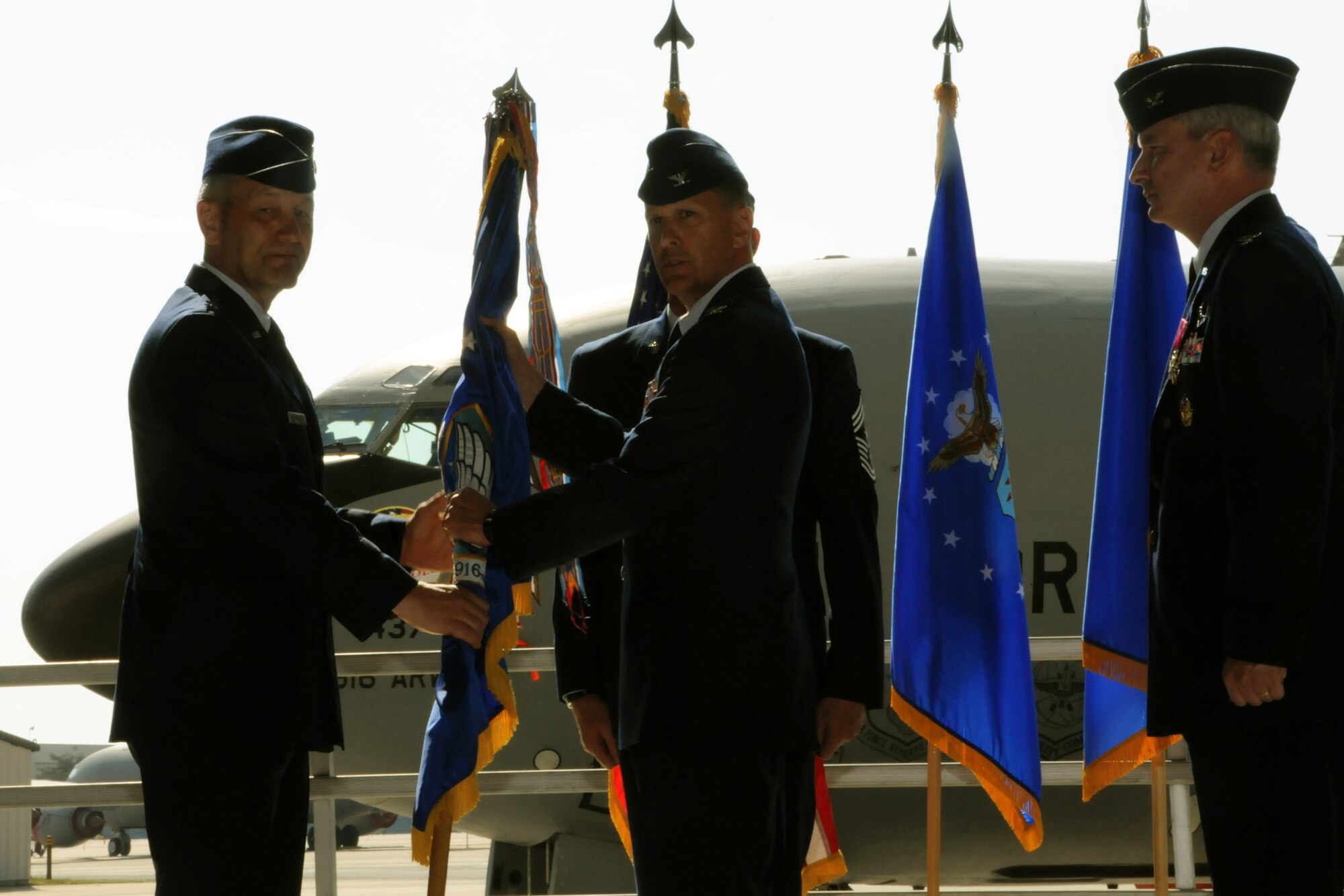 Col. Randall Ogden receives the flag of command from Maj. Gen. Eric Crabtree during the 916th Change of Command ceremony on May 1, 2010. (USAF photo by TSgt. Scotty Sweatt, 916ARW/PA)