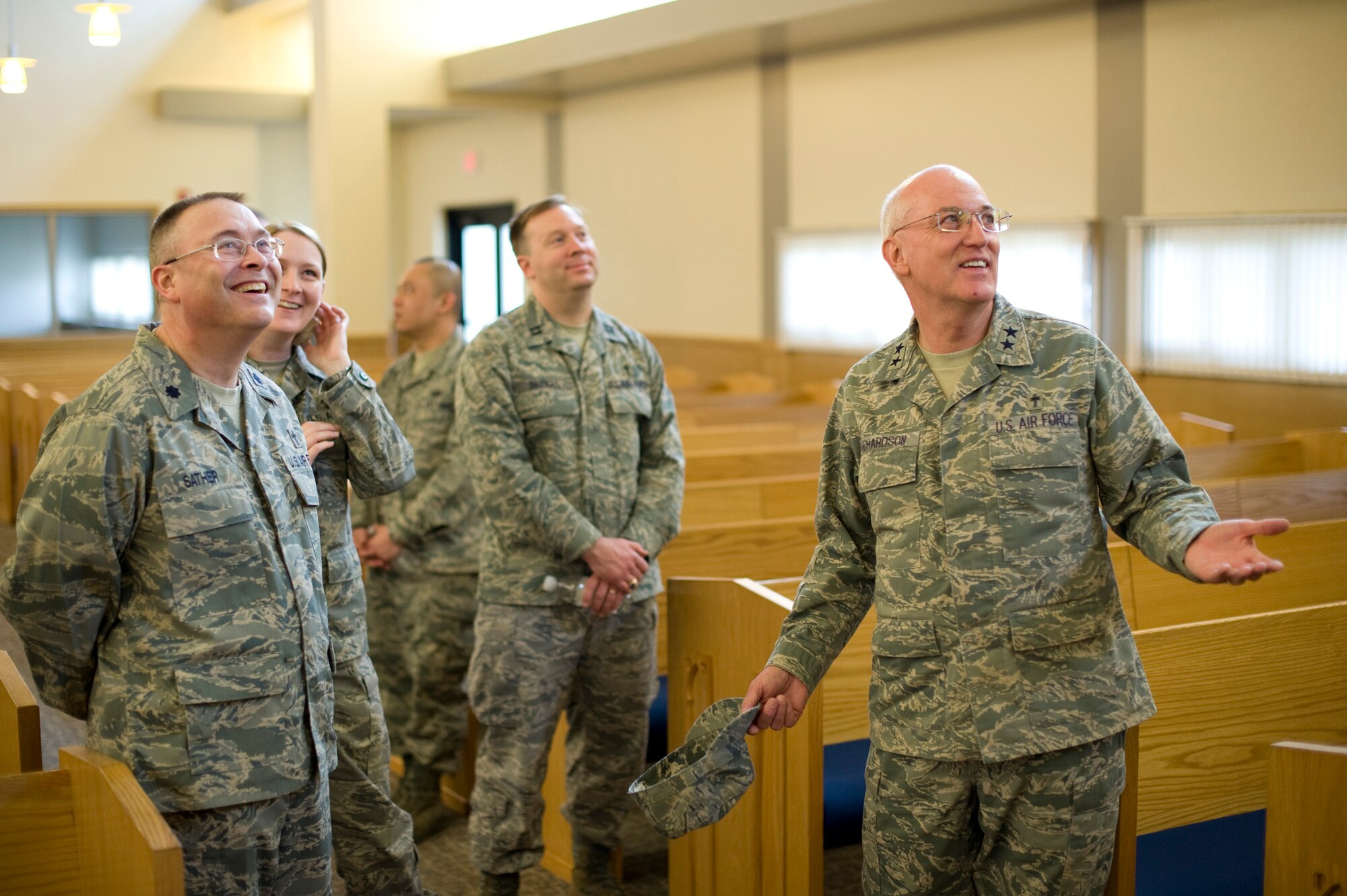 MISAWA AIR BASE, Japan -- Chaplain (Maj. Gen.) Cecil Richardson, Air Force chief of chaplains, takes a tour of the new Misawa Air Base Chapel April 30. Chaplain Richardson stressed the importance of modern facilities, particularly sound systems, to a career field dependent on effective communication. (U.S. Air Force photo/Staff Sgt. Samuel Morse)