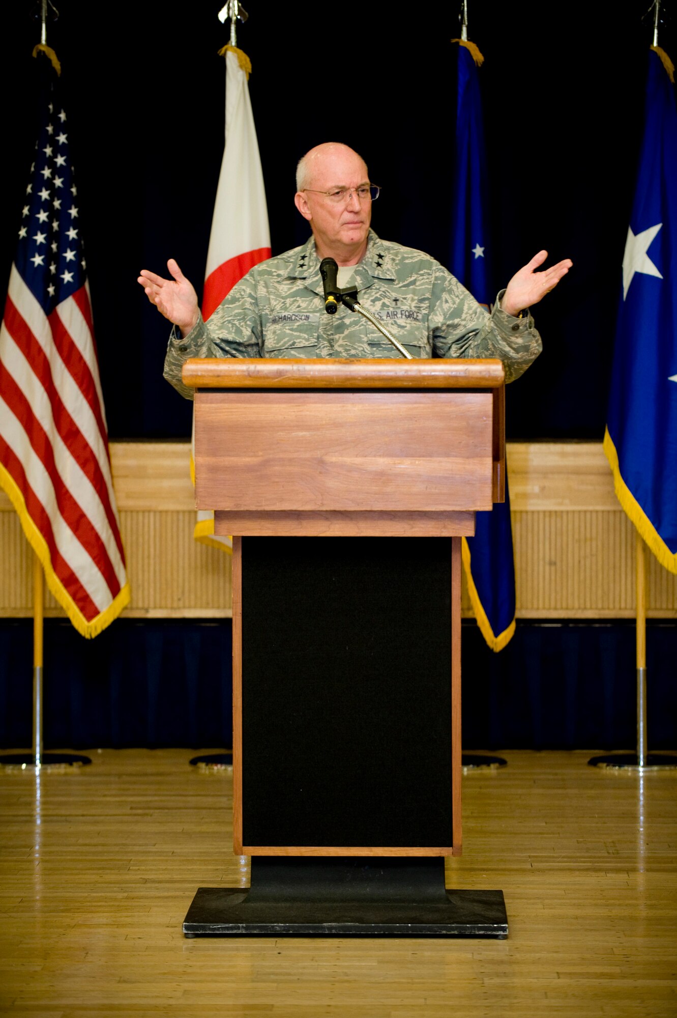 MISAWA AIR BASE, Japan -- Chaplain (Maj. Gen.) Cecil Richardson, Air Force chief of chaplains, delivers a speech during the National Prayer Luncheon at the Collocated Club April 30. The theme of Chaplain Richardson's speech was learning how to pray in times of adversity and the importance of spiritual fitness. (U.S. Air Force photo/Staff Sgt. Samuel Morse)