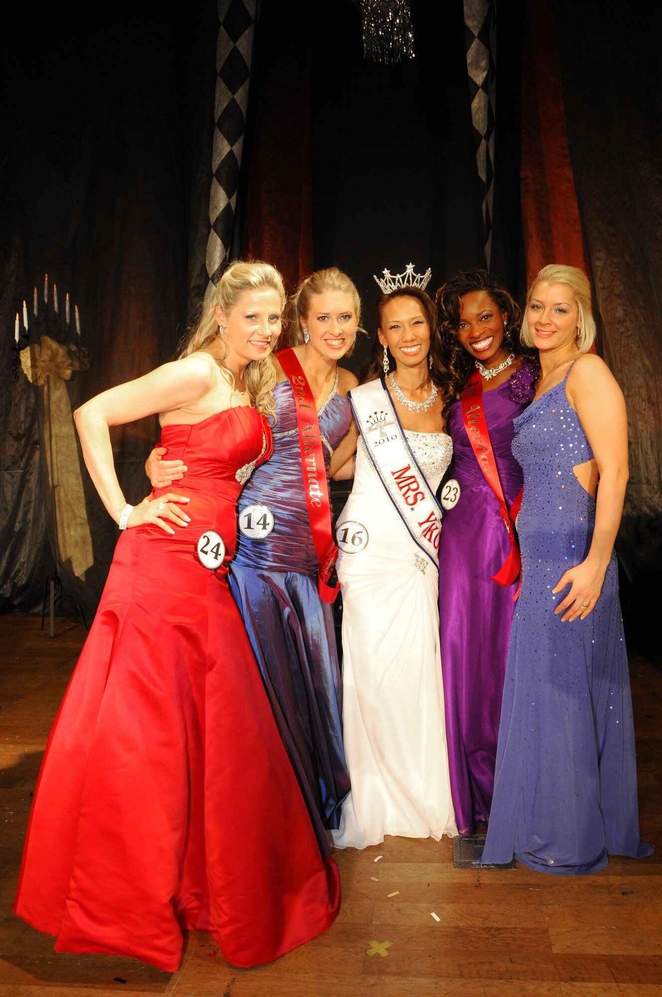 YOKOTA AIR BASE, Japan -- The top five contestants of the 2010 Mrs. Yokota pageant pose for a picture after the show. The Mrs. Yokota Organization is a non-profit organization created to provide scholarships to spouses of military members stationed at Yokota. (U.S. Air Force photo/Mark Allen)