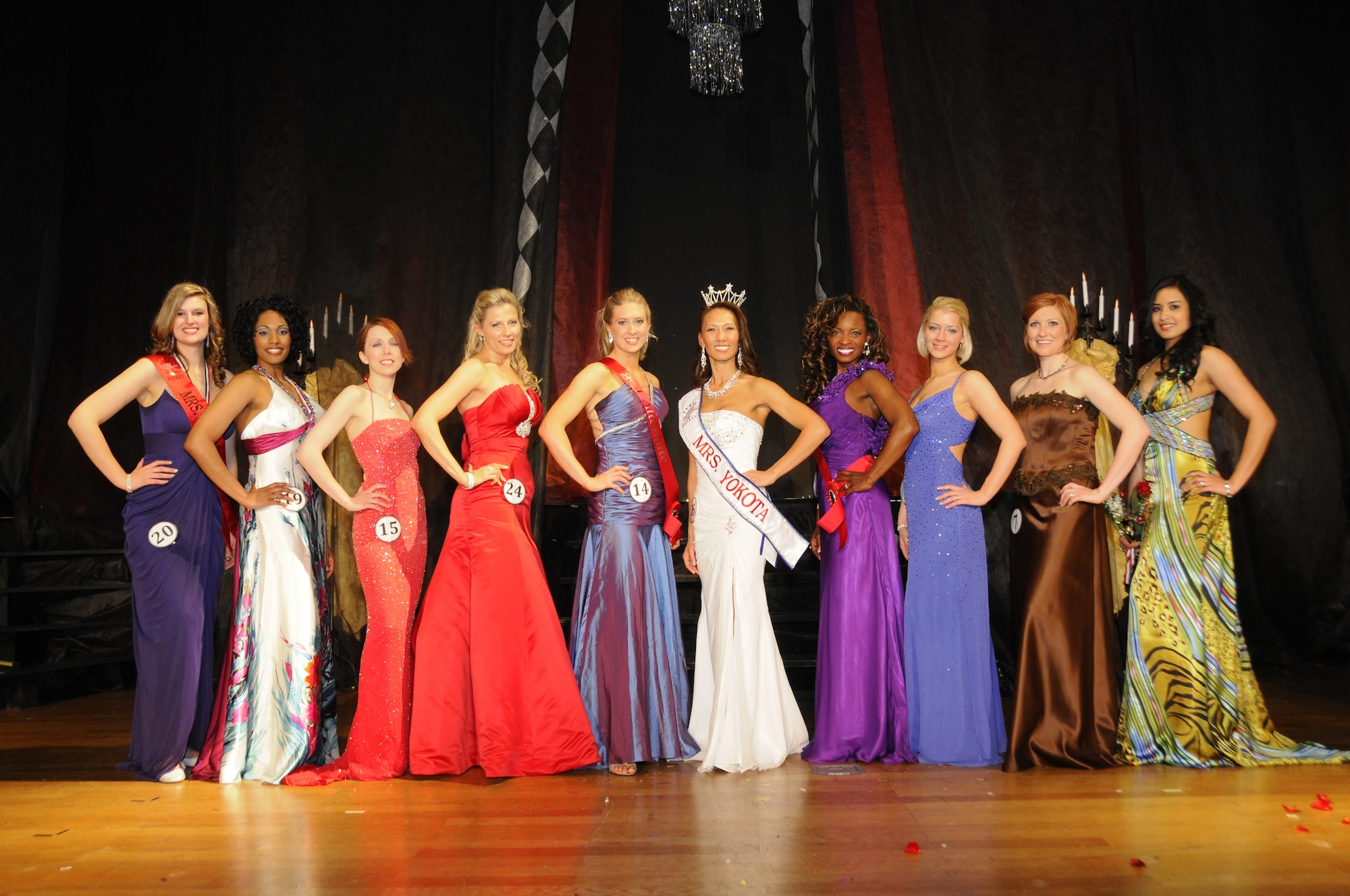 YOKOTA AIR BASE, Japan -- The top 10 contestants of the 2010 Mrs. Yokota Pageant pose for a photo after the show. The Mrs. Yokota Organization is a non-profit organization created to provide scholarships to spouses of military members stationed at Yokota.  (U.S. Air Force photo/Mark Allen)