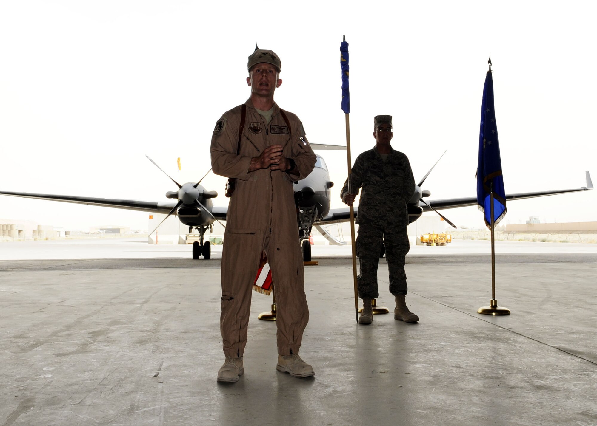 Col. John Cherrey, 451st Expeditionary Operations Group commander, shares the history and the importance of having a 361st Expeditionary Reconnaissance Squadron in Kandahar Airfield.  (U.S. Air Force photo by Senior Airman Nancy Hooks/Released)