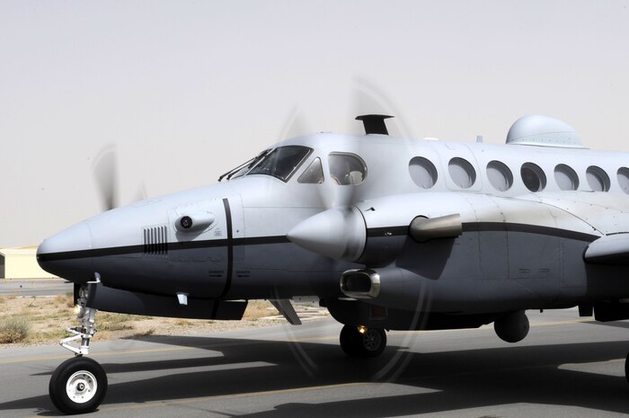 The MC-12 Liberty aircraft, assigned to the 361st Expeditionary Reconnaissance Squadron, is a manned, special-mission turboprop aircraft designed for intelligence, surveillance and reconnaissance missions. The 361st ERS was activated May 1 at Kandahar Airfield. Lt. Col. Darren Halford is the first commander of the new unit. (U.S. Air Force photo by Senior Airman Nancy Hooks/Released)