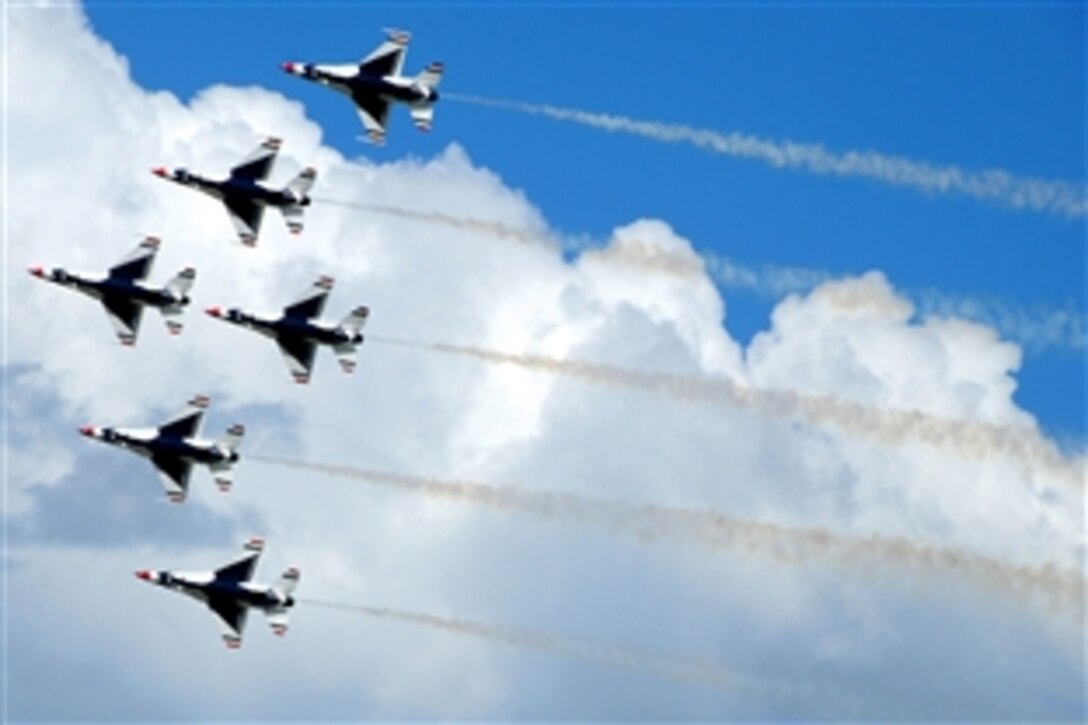 The Thunderbirds, an elite military demonstration team, perform one of their famous formations during the Altus Air Force Base Wings of Freedom Open House and Air Show in Altus, Okla., May 2, 2010.