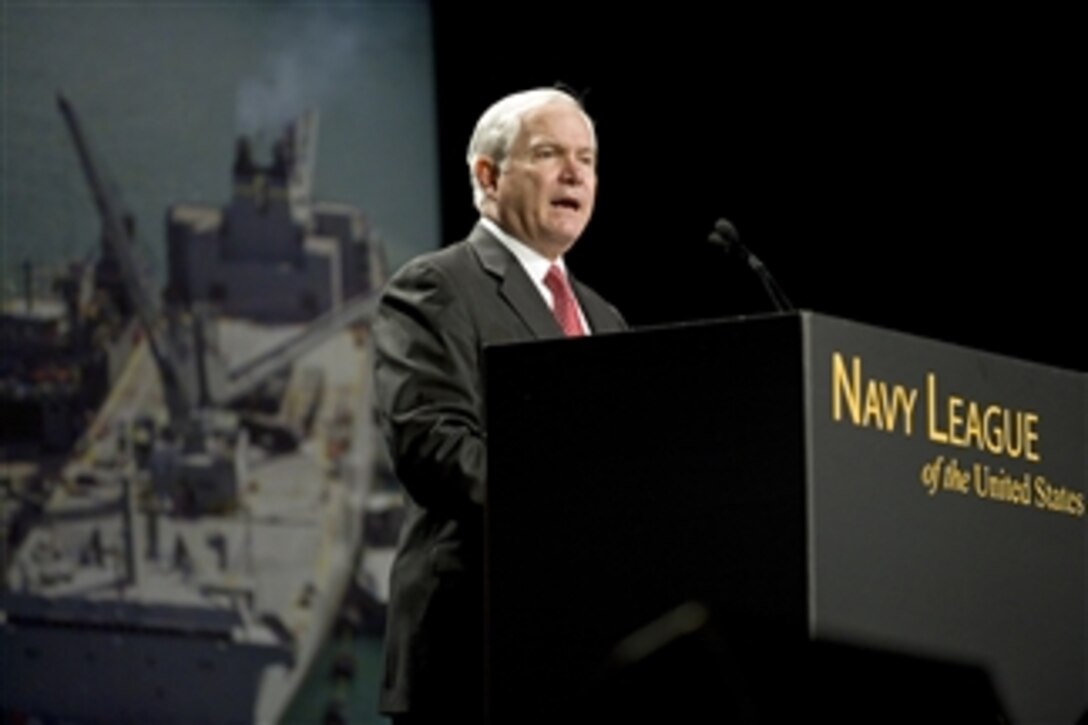 Secretary of Defense Robert M. Gates addresses the audience at the annual Navy League of the United States conference in Washington, D.C., on May 3, 2010.  