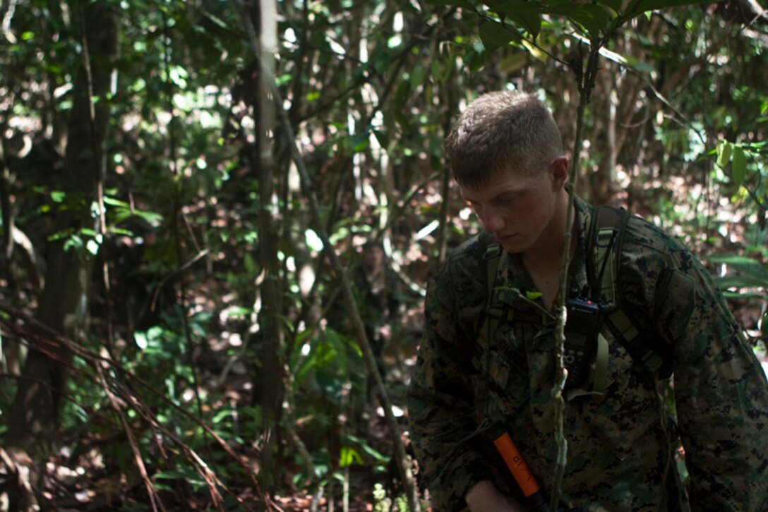 Sgt. Chandler, 1st Squad leader, Weapons Platoon, Company A, works his way through the jungle as sweat pours down his face from the hot and humid environment. Chandler and more than 35 other Marines from the Landing Force, participating in Cooperation Afloat Readiness and Training 2010, went to the Brunei jungle May 4-7 with the Royal Brunei Landing Force to exchange knowledge and tactics on jungle warfare.