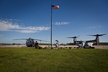Elements of Marine Medium Tiltrotor Squadron 264 sit on the airfield of Hanscom Air Force Base as static displays May 4, 2010. The squadron arrived in the Boston area in support of this year's Marine Week May 3-9. The week's events gives the Boston public an opportunity to engage Marines that perform a wide array of jobs in support of the nation's defense.