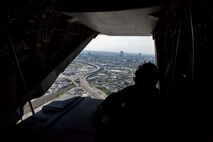 The back of a MV-22 Osprey is lowered giving its passengers an aerial view of Boston May 4, 2010. Veterans, media and Bostonians were giving a chance to fly in the Tiltrotor aircraft as part of Marine Week May 3-9.