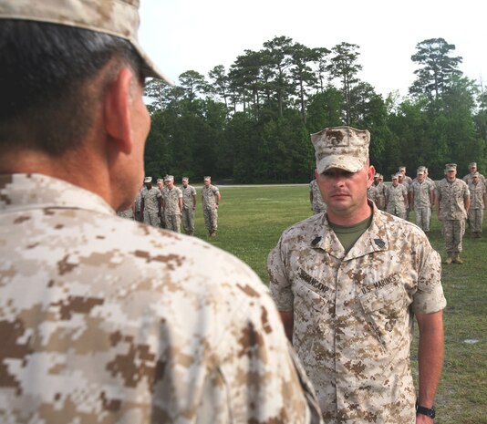 1st Sgt. Brian C. Hogancamp, the company first sergeant with Headquarters Company, Combat Logistics Regiment 25, 2nd Marine Logistics Group, was awarded a Bronze Star Medal during a ceremony aboard Camp Lejeune, N.C., May 5, 2010.  Hogancamp was awarded for his meritorious service in connection with combat operations against the enemy while serving as the company gunnery sergeant for Company I, 3rd Battalion, 2nd Marine Regiment, Regimental Combat Team 2, while deployed in support of Operation Iraqi Freedom in April 2005.