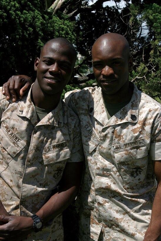 Brothers, Staff Sgt. Winston Clarke, the legal chief for 3rd Marine Division, III Marine Expeditionary Force and Pfc. Jubarie Clarke an administration clerk, G-1, Marine Wing Headquarters Squadron 1, 1st Marine Aircraft Wing, III MEF, spent 10 years apart and are now reunited while serving on Okinawa.