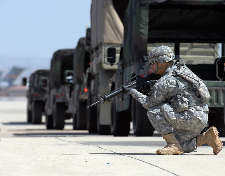 A soldier stands ready during a C-17 offloading demonstration at the March Field AirFest, March Air Reserve Base, Calif., May 2, 2010. The AirFest is a bi-annual, two-day event featuring military and civilian aerial performances and static displays of modern and historic aircraft. (U.S. Air Force photo by Senior Airman Sean Adams/released)