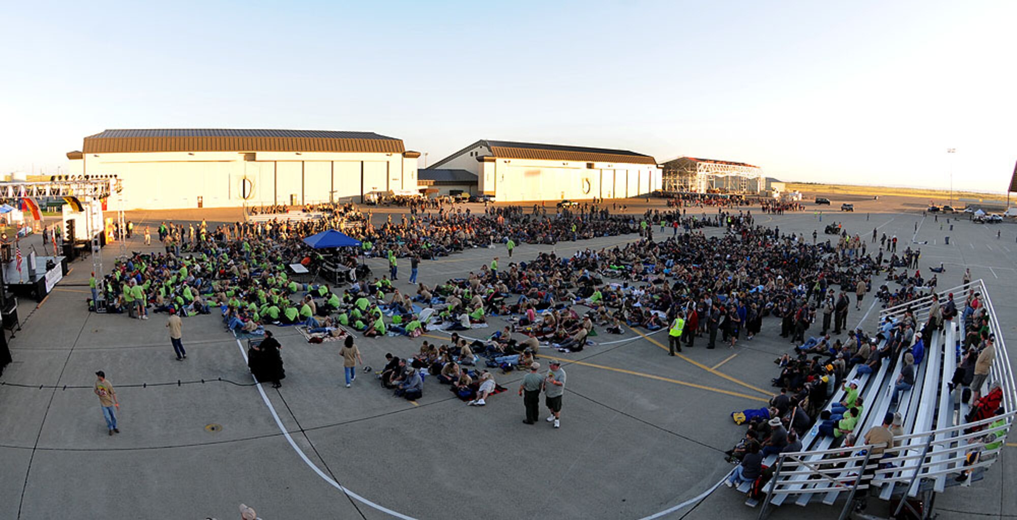 Boy Scouts, troop leaders and parents wait for the arena show of the 2010 Boy Scouts of America Expo to start, May 1 at the flight line. Approximately 7,000 Boy Scouts came to Beale for the expo. (Air Force photo by Airman 1st Class David Tracy)