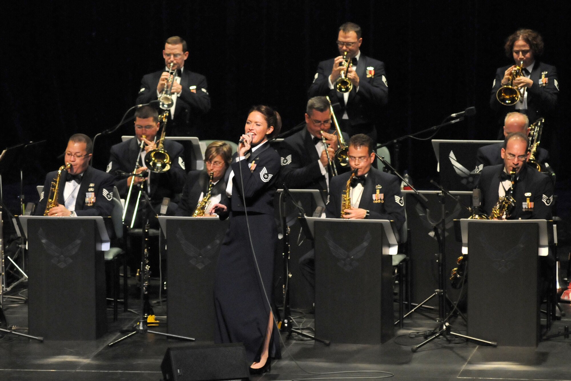 The Air Force Reserve Jazz Ensemble Full Spectrum performs a free community concert April 29 at the Saenger Theater in Biloxi.  The ensemble is based at Robins Air Force Base, Ga.  (U.S. Air Force photo by Kemberly Groue)